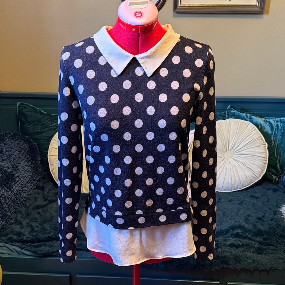 Monteau Navy Polka Dot Sweater with White Collar and faux shirt tails